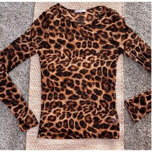 Antistar Womens Leopard Print Sheer Mesh Long Sleeve Top Brown Black Size M